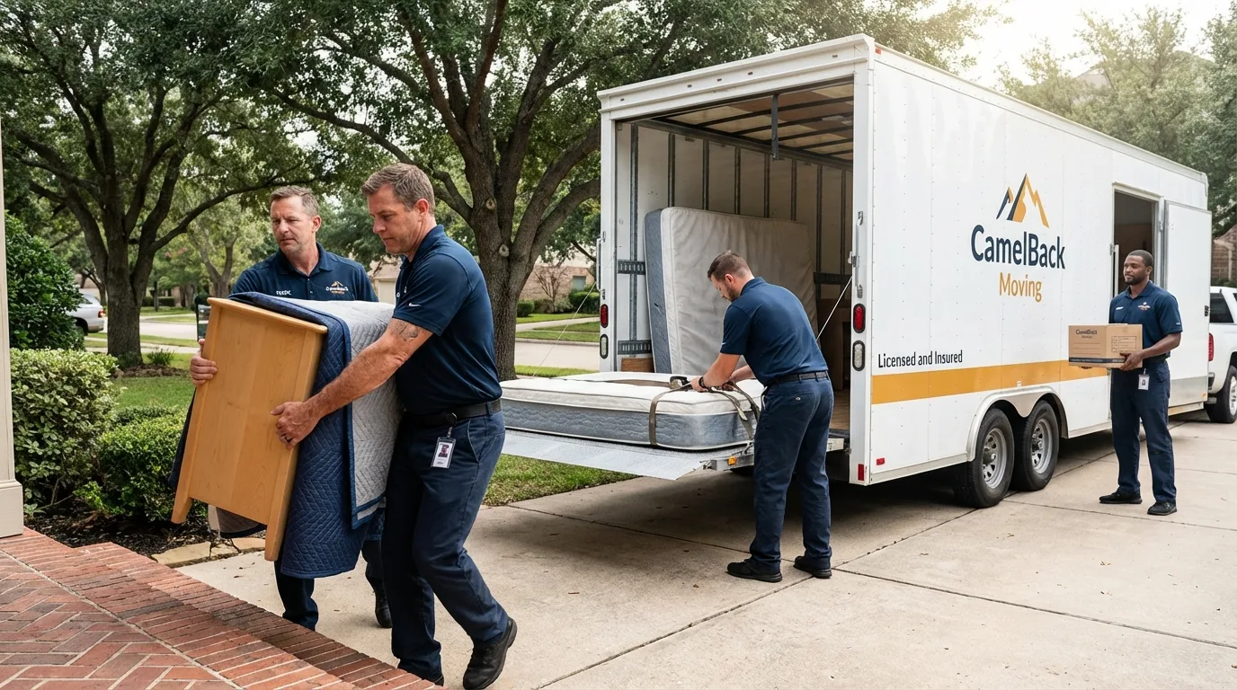 Crew loading residential truck for cross-state move from Fairfax, CA