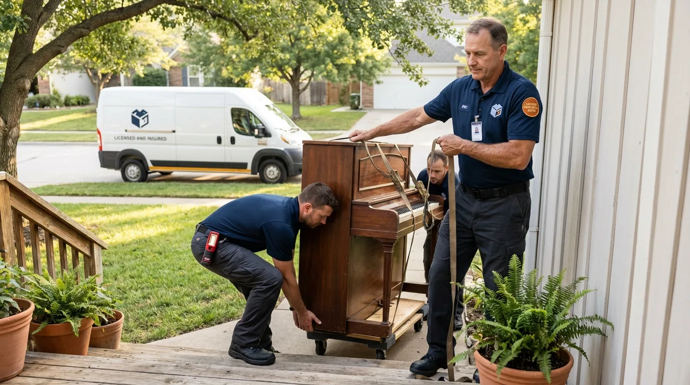 Licensed piano movers securing grand piano in Fairfax, CA